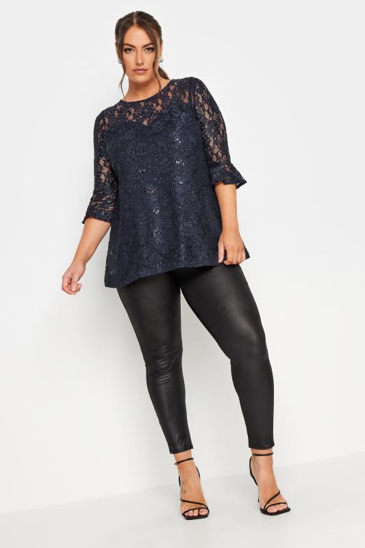 YOURS Plus Size Dark Blue Lace Sequin Embellished Swing Top | Yours Clothing 2
