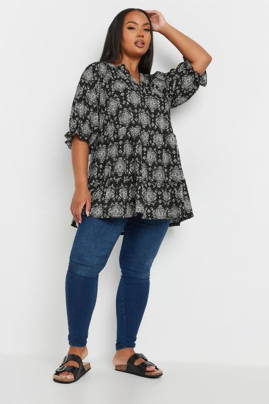 YOURS Plus Size Black Tile Print Top | Yours Clothing 2