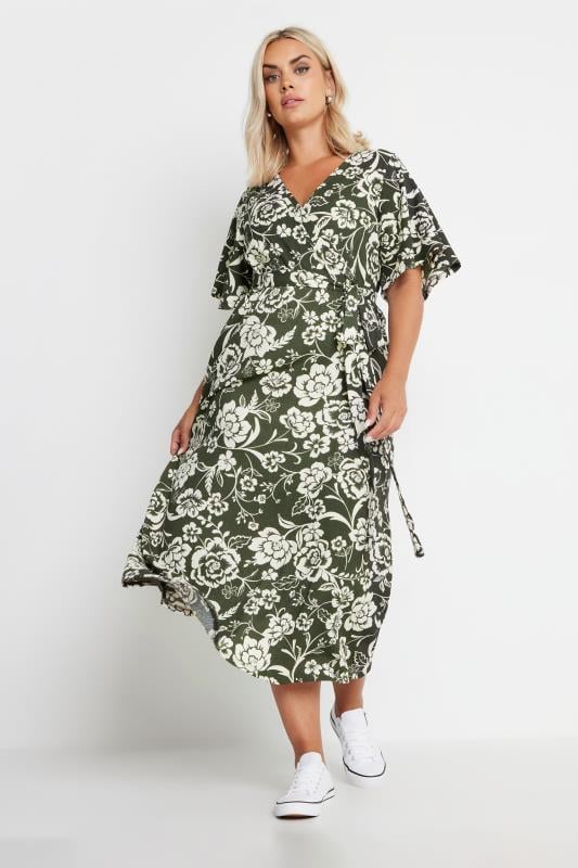 Plus Size  YOURS Curve Khaki Green Floral Print Textured Wrap Dress