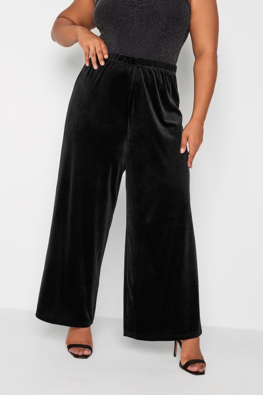 Curve Black Velvet Wide Leg Trousers | Yours Clothing 2