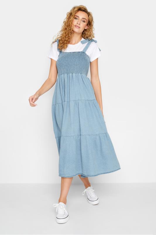 LTS Tall Women's Blue Denim Shirred Tiered Dress | Long Tall Sally 1
