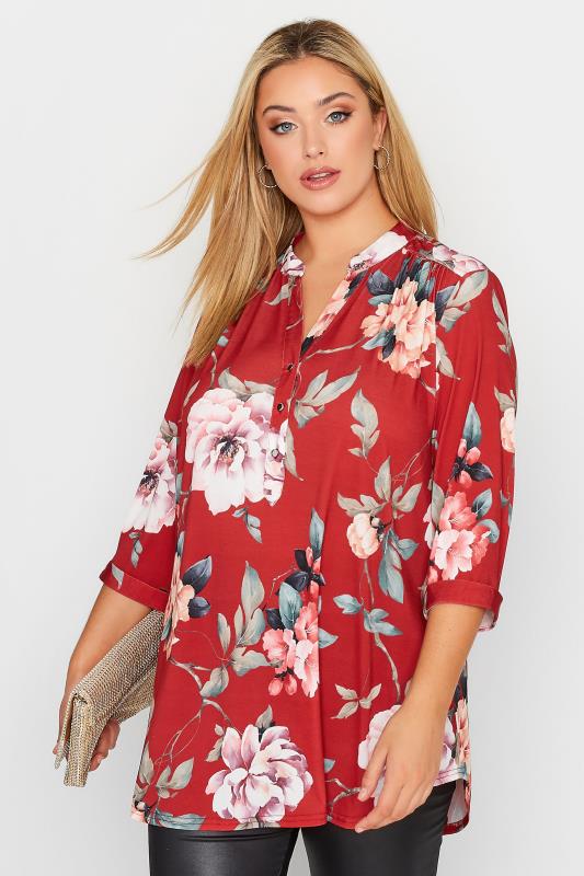 Curve Red & Pink Floral Half Placket Blouse | Yours Clothing 1
