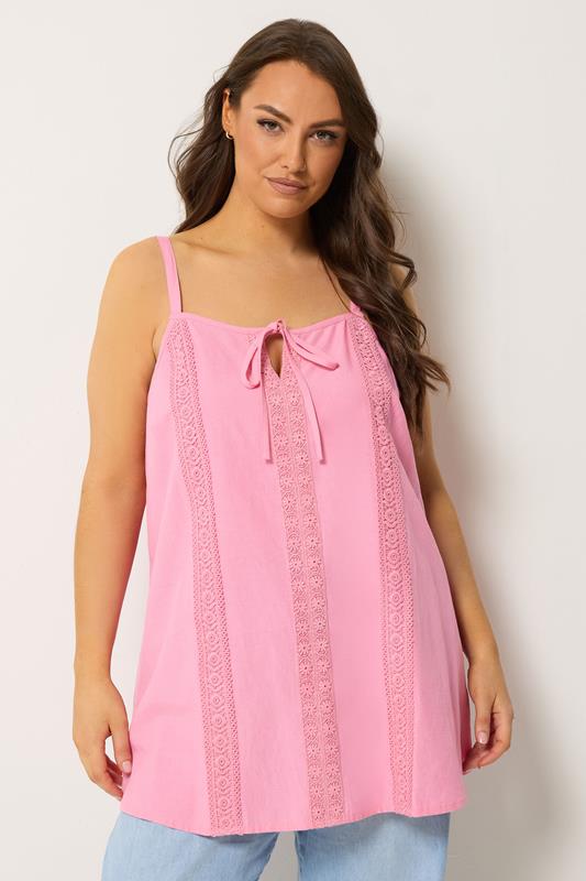 YOURS Plus Size Pink Crochet Linen Cami Vest Top | Yours Clothing 1