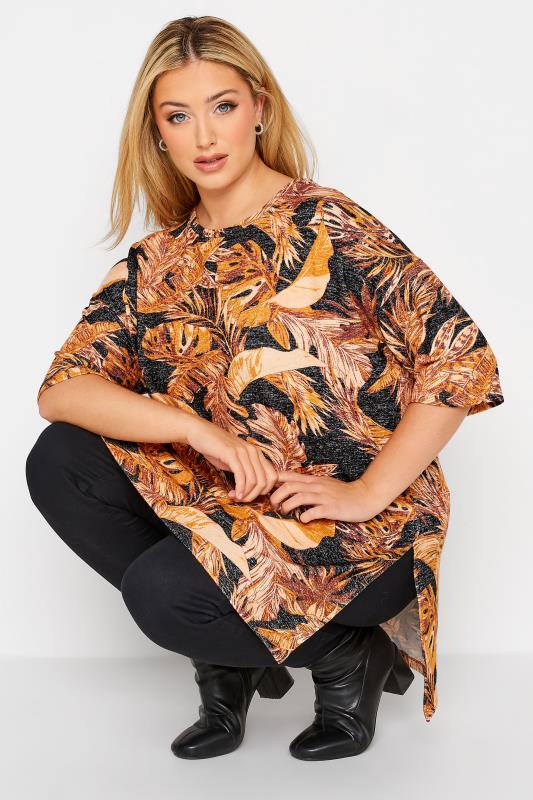 Curve Orange & Black Leaf Print T-Shirt | Yours Clothing  4