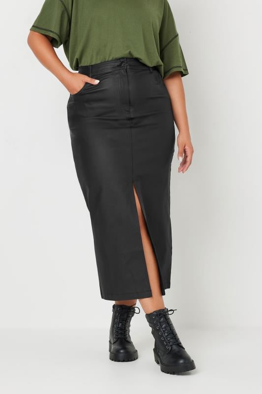 Plus Size  YOURS Curve Black Coated Split Hem Midaxi Skirt