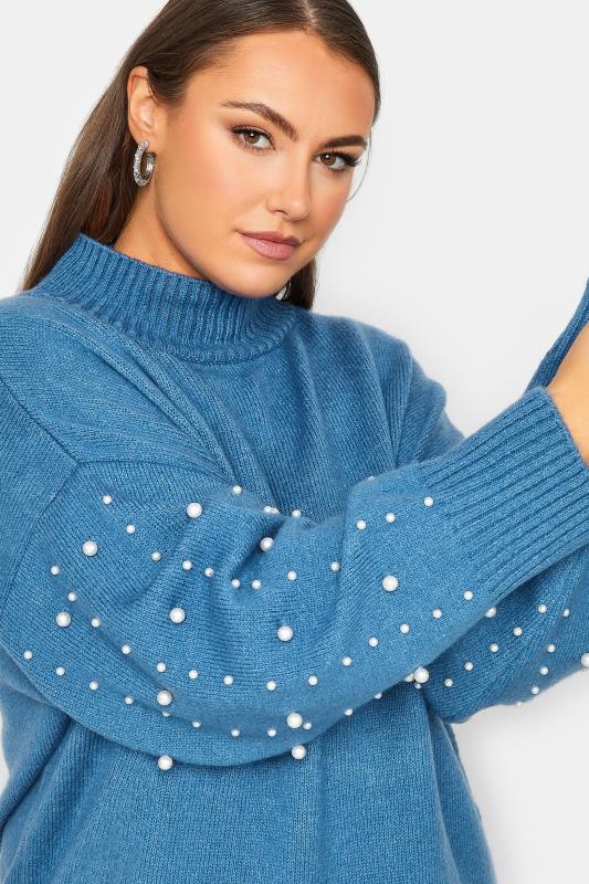 YOURS LUXURY Plus Size Blue Pearl Embellished Batwing Jumper | Yours Clothing 2
