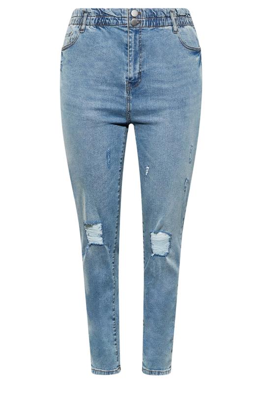 Plus Size Blue Ripped Elasticated MOM Jeans | Yours Clothing 6