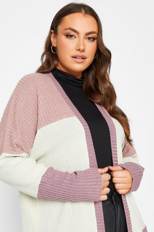 YOURS LUXURY Curve Plus Size Womens Pink & White Colourblock Ribbed Soft Touch Cardigan  1