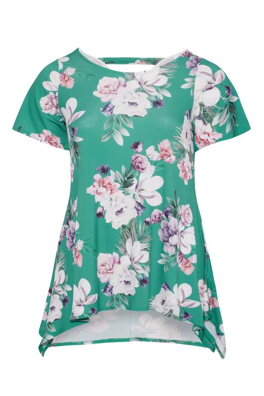 YOURS LONDON Plus Size Green Floral Hanky Hem Top | Yours Clothing 5