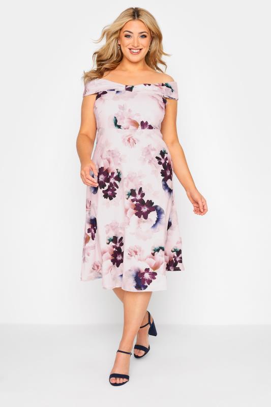 YOURS LONDON Plus Size Pink Floral Bow Bardot Skater Dress | Yours Clothing 1