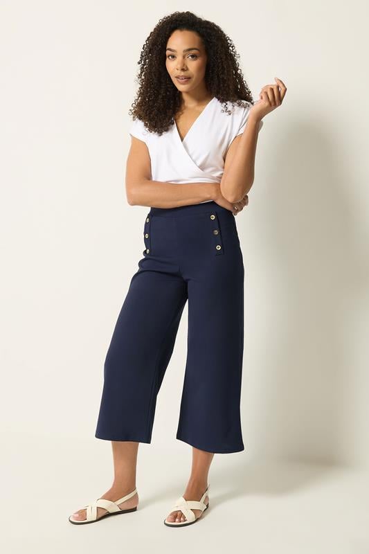 M&Co Navy Blue Military Button Cropped Trousers | M&Co 1
