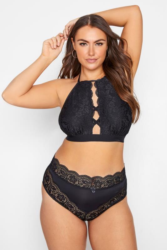 Plus Size Black Boudoir Lace Lattice Halter Neck Non-Padded Non-Wired Bralette | Yours Clothing 2