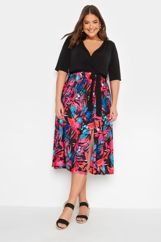 YOURS LONDON Plus Size Black Tropical Print Wrap Dress | Yours Clothing 2