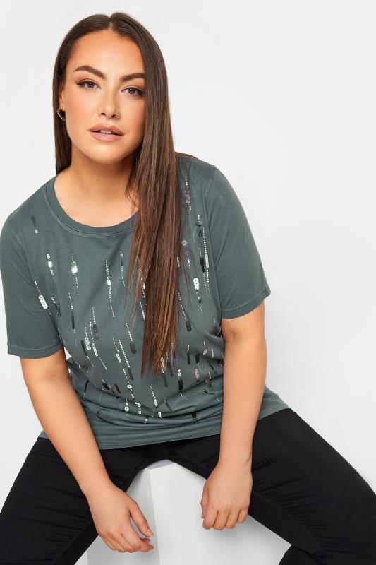 YOURS Plus Size Curve Black Embellished T-Shirt | Yours Clothing  1