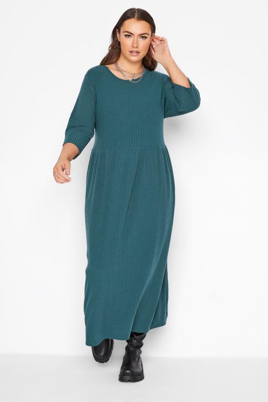 LIMITED COLLECTION Curve Teal Green Ribbed Midaxi Dress 1