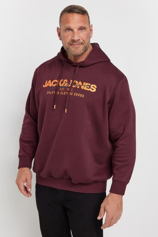 JACK & JONES Big & Tall Wine Red Logo Print Hoodie | BadRhino 1