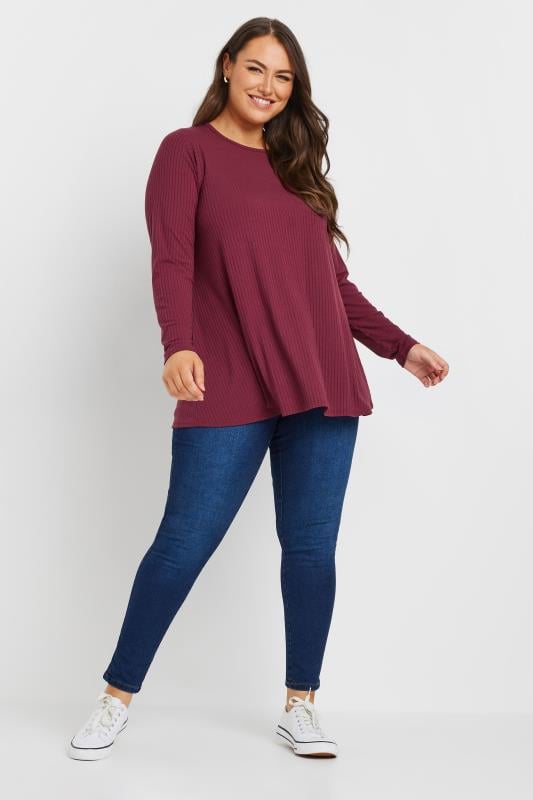 YOURS Plus Size Burgundy Red Ribbed Swing T-Shirt | Yours Clothing 2