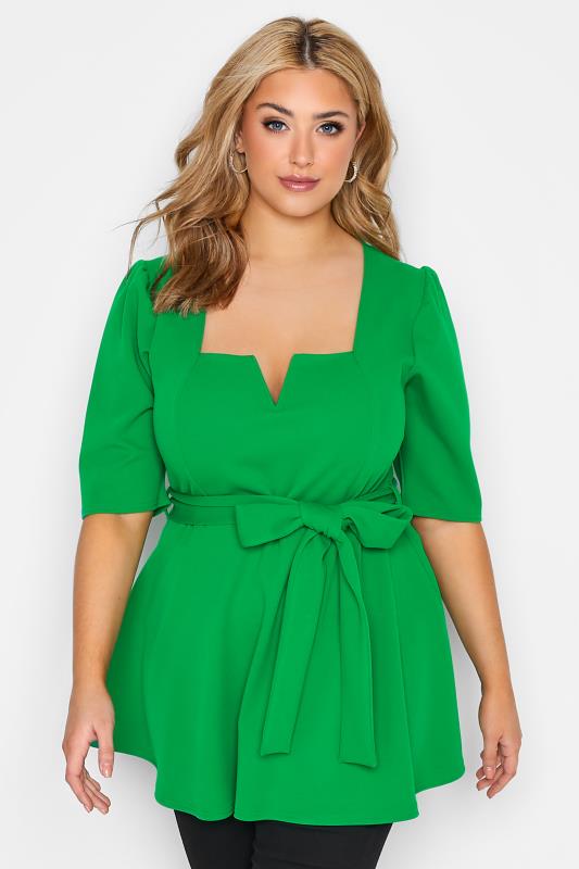  YOURS LONDON Curve Green Notch Neck Belted Peplum Top