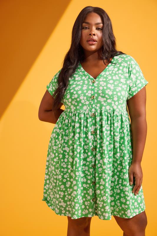  YOURS Curve Green Ditsy Floral Print Button Front Smock Dress