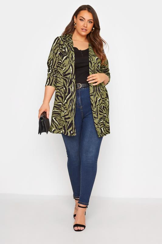 Plus Size Khaki Green Animal Print Longline Blazer | Yours Clothing 2