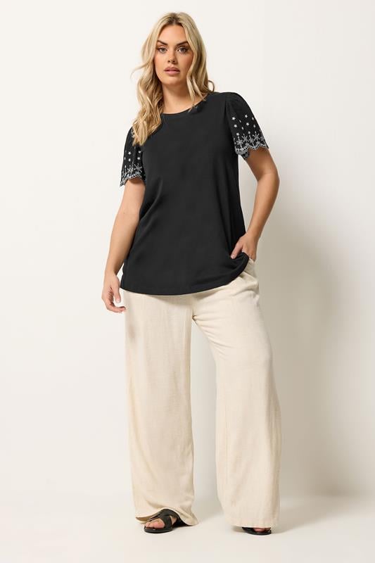 YOURS Plus Size Black Embroidered Sleeve T-Shirt | Yours Clothing 1