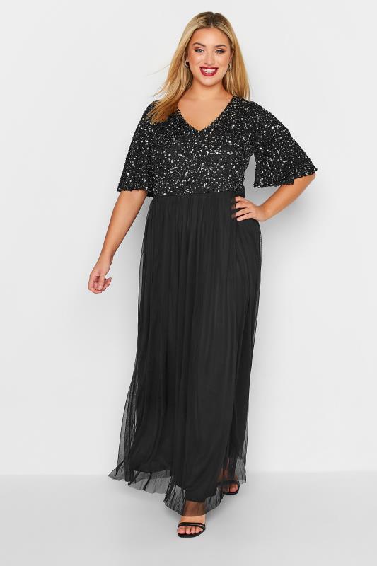  Grande Taille LUXE Curve Black Angel Sequin Sleeve Maxi Dress