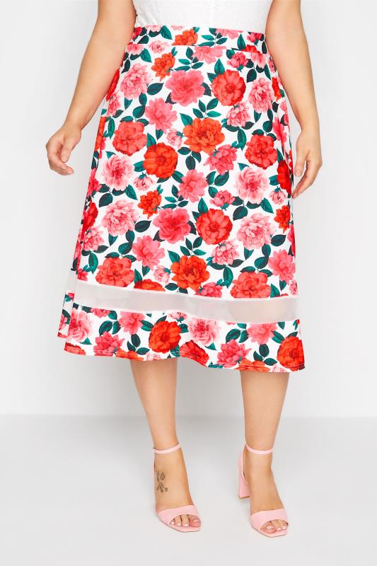 YOURS LONDON Plus Size White Rose Print Mesh Panel Skater Skirt | Yours Clothing  1