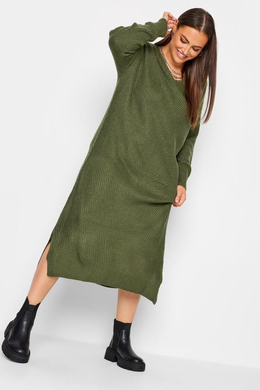 YOURS Plus Size Khaki Green Midaxi Knitted Jumper Dress | Yours Clothing 2