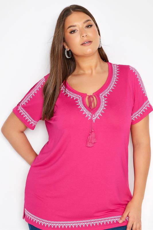 Plus Size Pink Aztec Embroidered Cold Shoulder Top | Yours Clothing 4