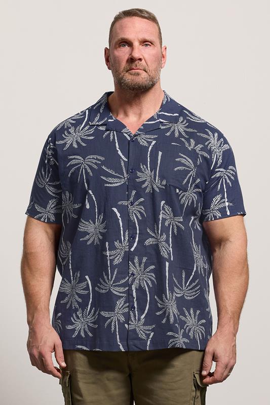 BadRhino Big & Tall Navy Blue Palm Tree Print Short Sleeve Shirt | BadRhino 1