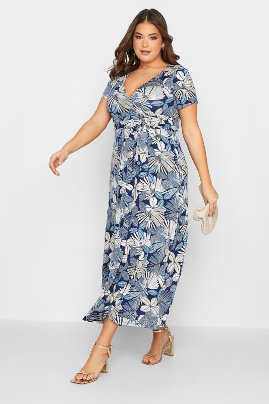 Plus Size  YOURS Curve Blue Leaf Print Wrap Dress