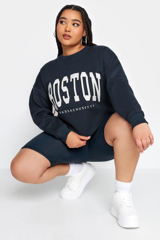 YOURS Plus Size Navy Blue 'Boston' Embroidered Slogan Sweatshirt | Yours Clothing 4