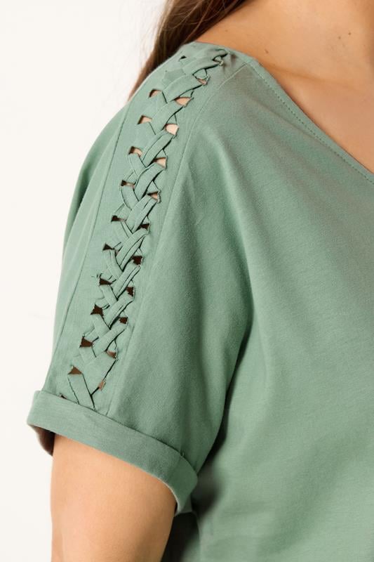 YOURS Plus Size Sage Green Lattice Grown On Sleeve T-Shirt | Yours Clothing 4