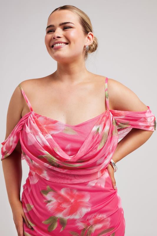 YOURS LONDON Plus Size Pink Floral Print Cold Shoulder Dress | Yours Clothing 3