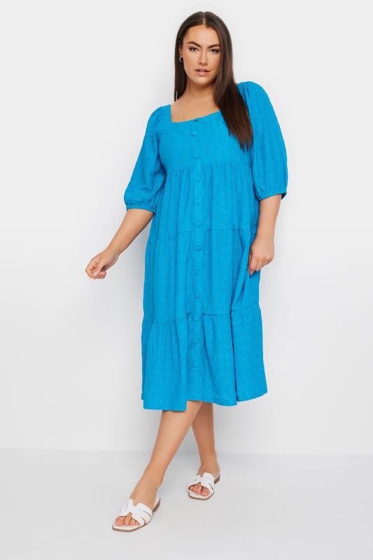 Plus Size  YOURS Curve Blue Broderie Anglaise Button Front Dress