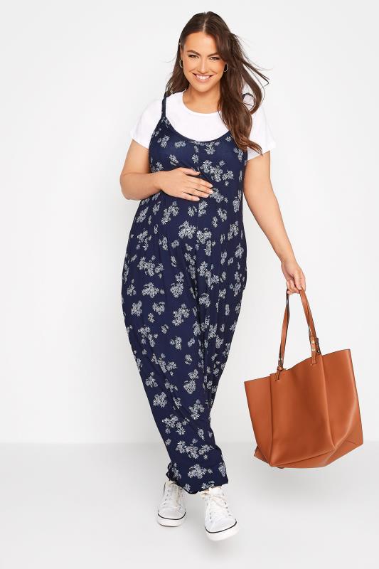 BUMP IT UP MATERNITY Plus Size Navy Blue Daisy Print Jumpsuit | Yours Clothing  2