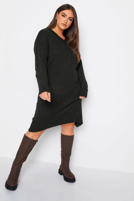 YOURS Plus Size Black V-Neck Knitted Jumper Dress | Yours Clothing 1