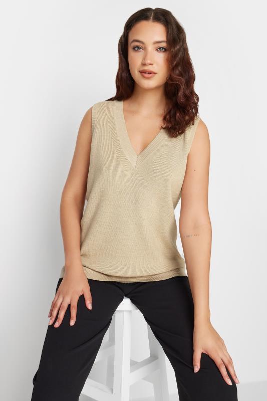 LTS Tall Women's Beige Brown V-Neck Knitted Vest Top | Long Tall Sally 4