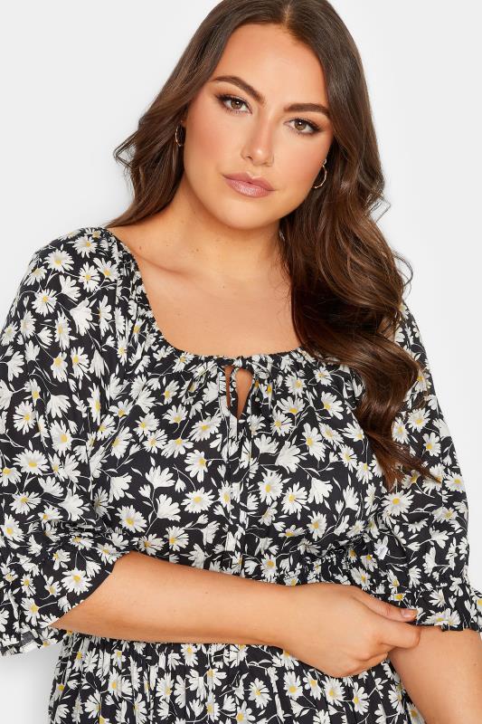 YOURS Plus Size Black Floral Shirred Gypsy Top | Yours Clothing 4