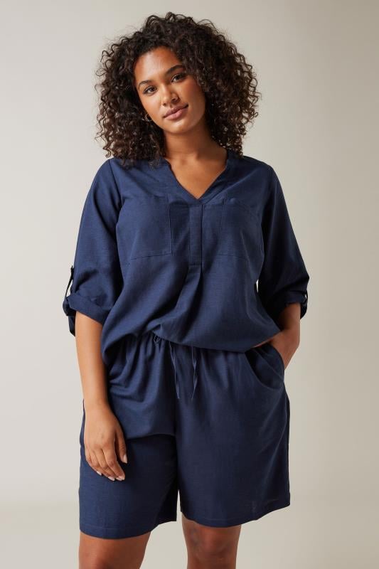 Plus Size  EVANS Curve Navy Blue Linen Shorts