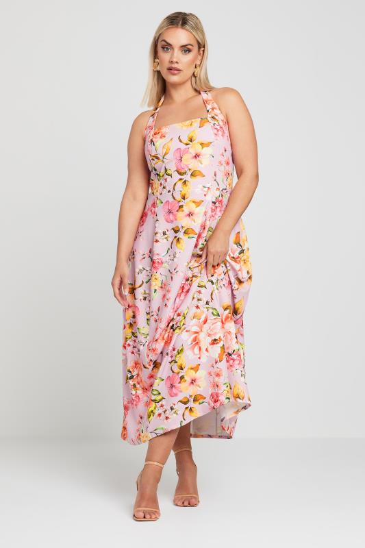 LIMITED COLLECTION Plus Size Pink Floral Print Halter Neck Midaxi Dress | Yours Clothing 1