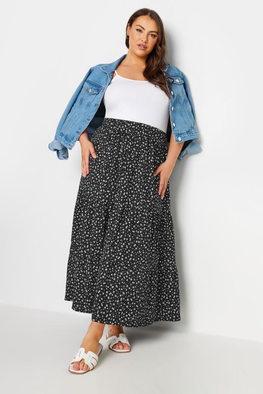 YOURS Plus Size Black Floral Print Tiered Maxi Skirt | Yours Clothing 2