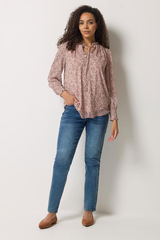 M&Co Cream & Red Floral Print Tie Neck Blouse | M&Co 2