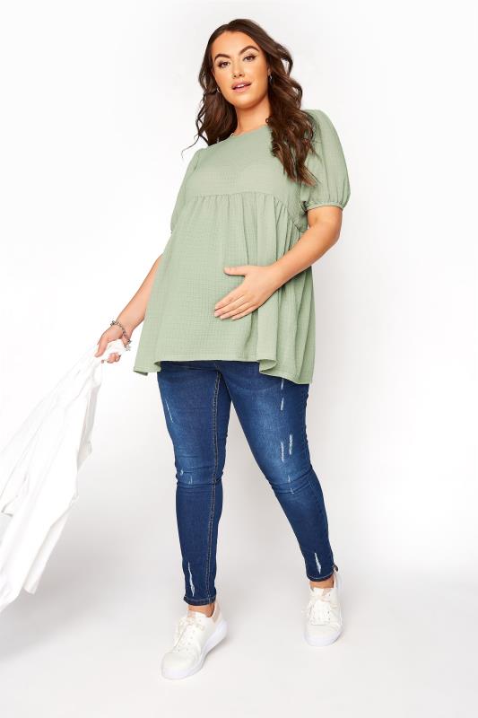 BUMP IT UP MATERNITY Curve Sage Green Textured Puff Sleeve Smock Top 2