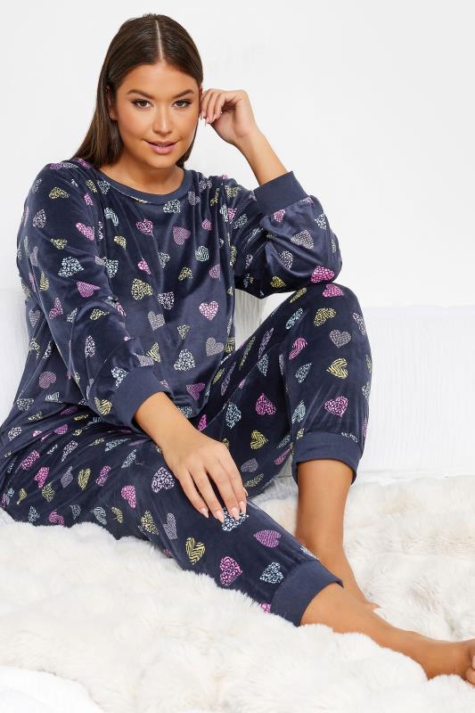  Grande Taille YOURS Curve Blue Heart Print Velour Lounge Set