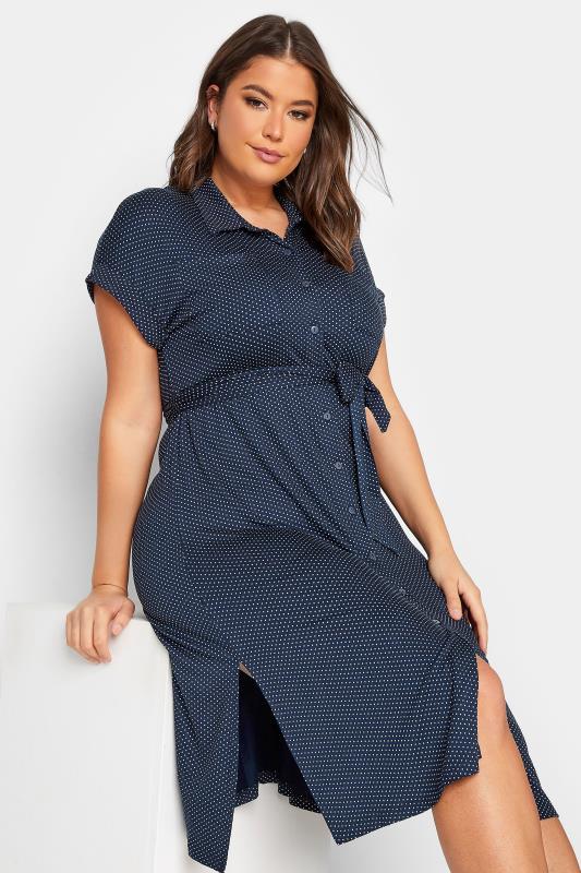 YOURS Curve Plus Size Navy Blue Polka Dot Split Hem Shirt Dress | Yours Clothing  4