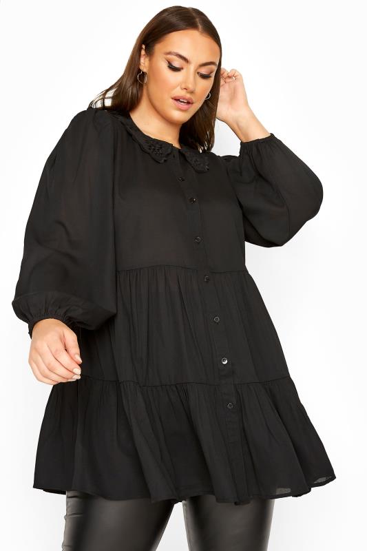 LIMITED COLLECTION Curve Black Embroidered Collar Tiered Hem Shirt 1