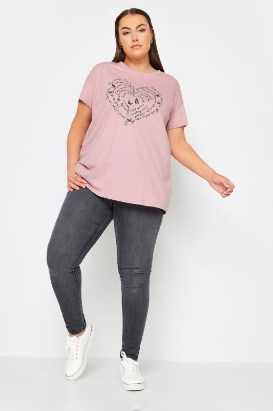 YOURS Plus Size Pink Positivity Heart Print T-Shirt | Yours Clothing 2