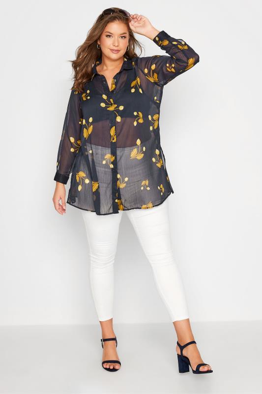 Plus Size Black Floral Print Button Through Shirt | Yours Clothing 2