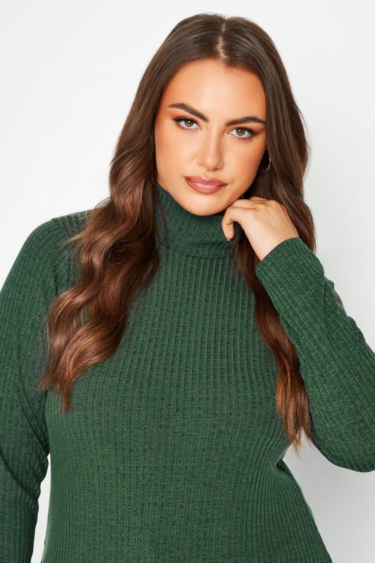 LIMITED COLLECTION Plus Size Green Marl Ribbed Turtle Neck Top | Yours Clothing 5